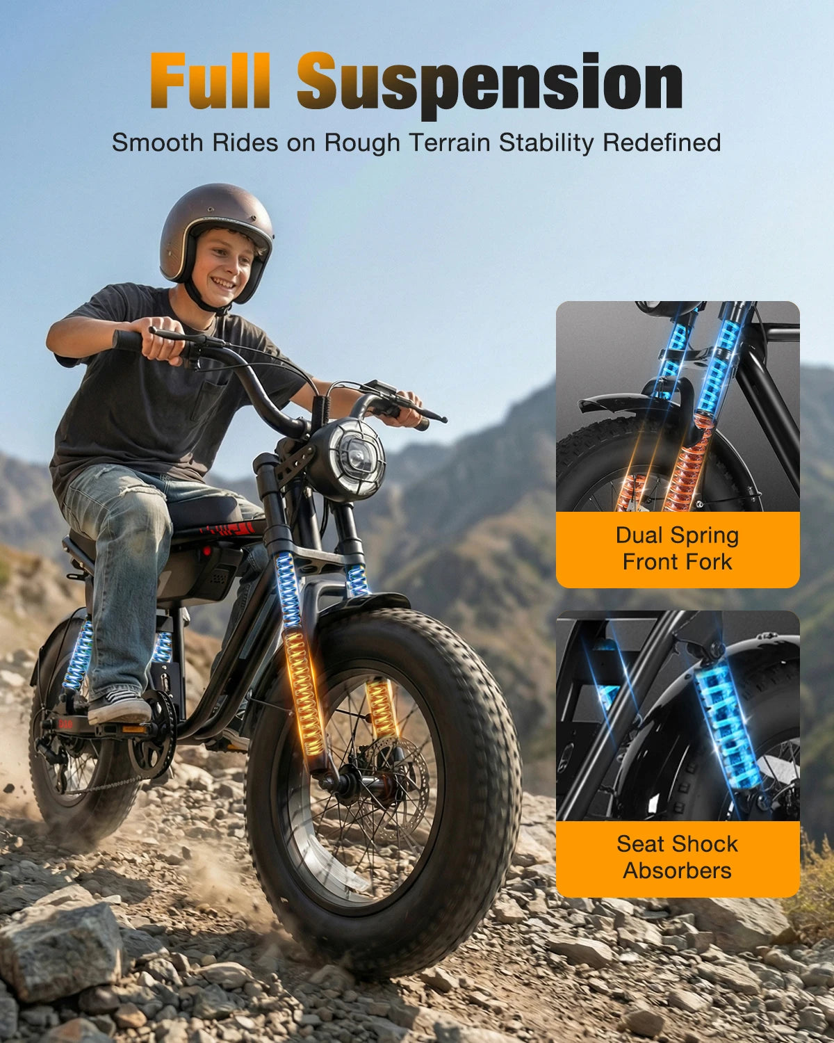 Hopepeak D10 Electric Bike, 16" Fat Tires Electric Mountain Bike, 1500W Peak Motor 48V 13Ah, 25 MPH 60Mi Range Off-Road Ebike with Full Suspension