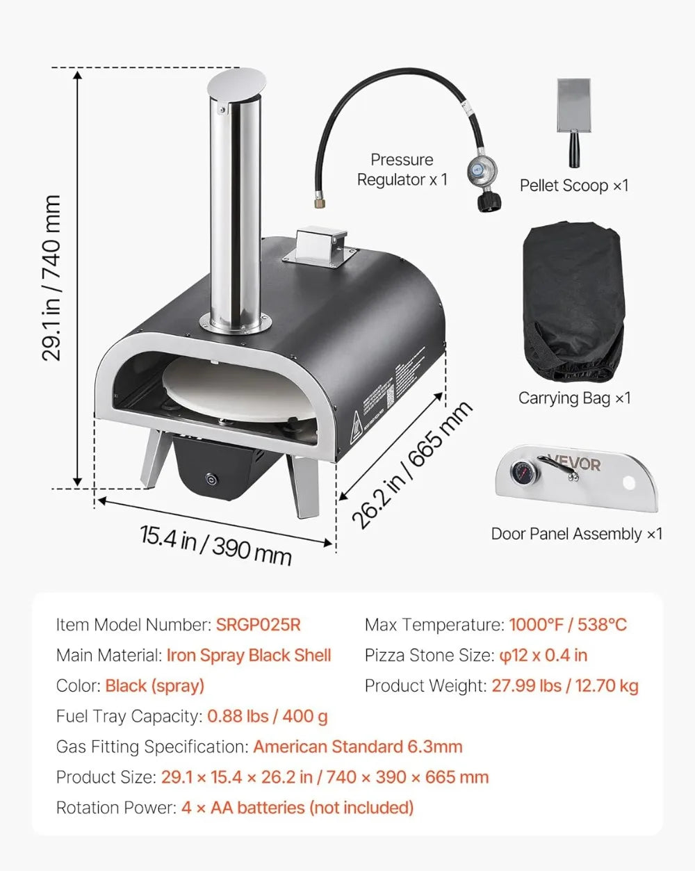 Outdoor Pizza Oven Dual Fuel 12" Auto Rotating Propane