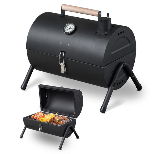 Portable Charcoal Grill with Thermometer and Wooden Handle Compact Tabletop.