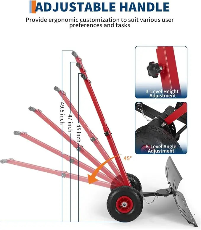 36cm  Wheeled Snow Shovel,Snow Pusher w/Adj Handle Carbon Steel Blade..