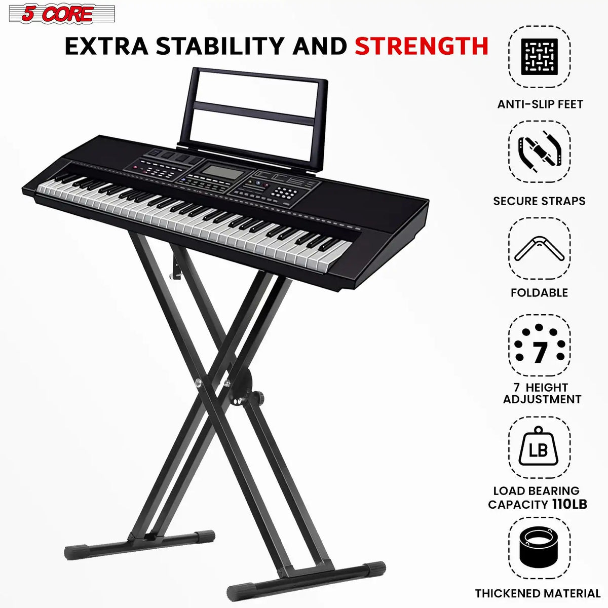 5 Core Keyboard Stand Double X Style Adjustable Piano Riser + Keyboard Piano Bench .