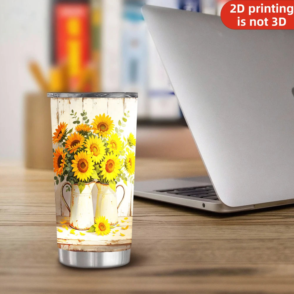 20oz Farmhouse Sunflower Pitcher Printed Stainless Steel Tumbler with Lid and Straw, Rustic White Wood Yellow Floral Bouquet Country Cottage .