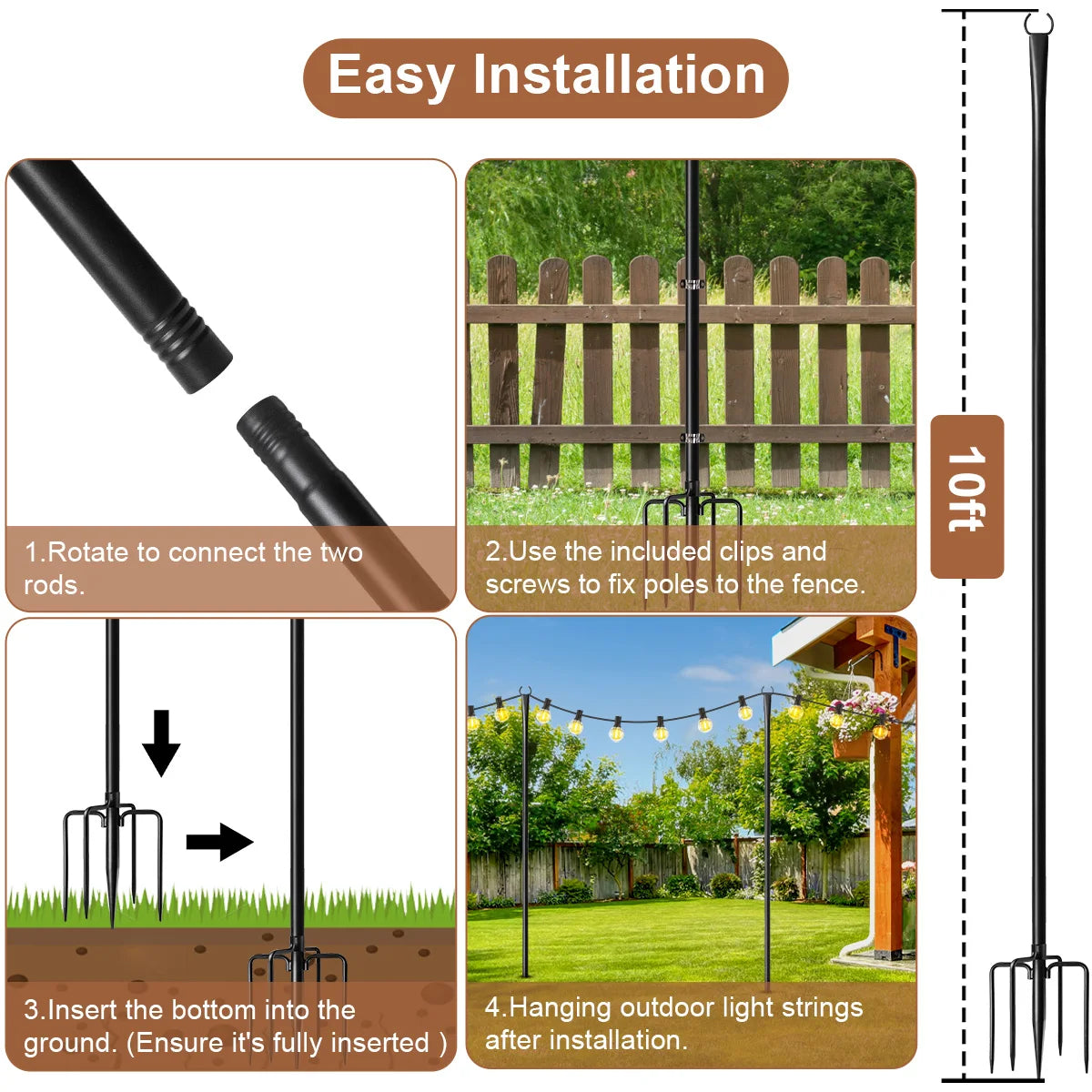 6/4/2pcs 10ft Metal String Light Poles with Fork ,Waterproof Adjustable Heavy-Duty Lighting Stand .