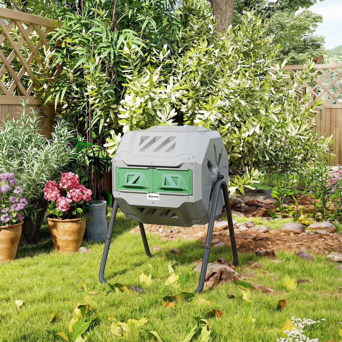 Garden Compost Bin Dual Tumbler Rotating Outdoor Composter with Sliding Doors