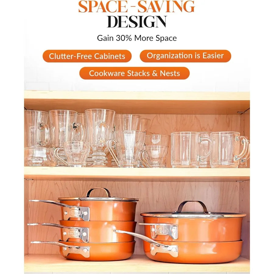 Stackable Pots and Pans Stackmaster 10 Piece Cookware Set with Ultra Nonstick Cast Texture Ceramic Coating Copper
