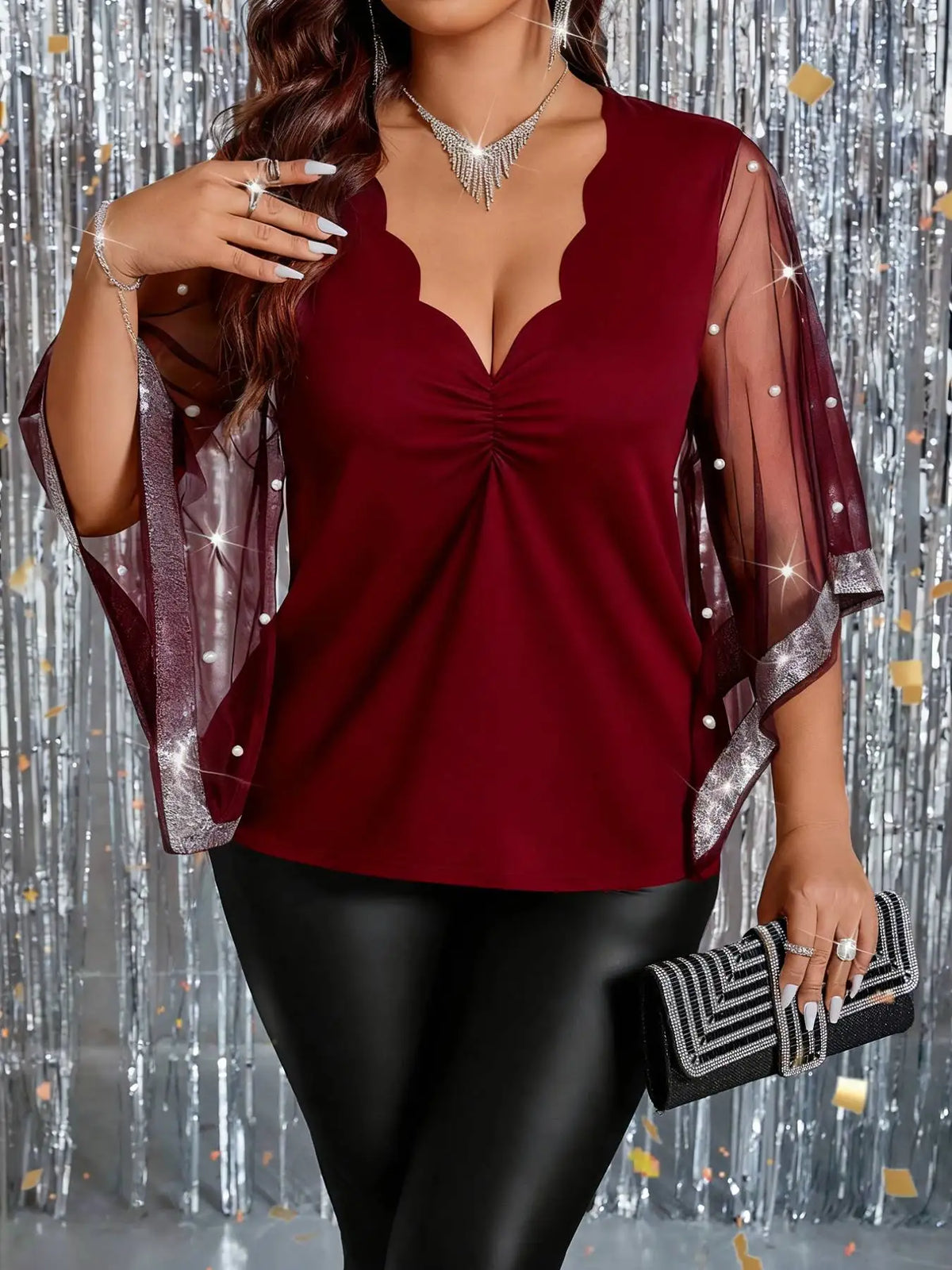 Plus Size Women Party Blouse Scallop V‑Neck Mesh Bell Sleeve Pearl Beaded Glitter Trim Burgundy.