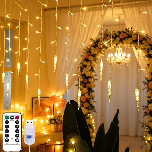 19.05ft Warm White USB- Curtain Lights with 8 Lighting Modes & Multi-Shape String Lights Suitable .(No Curtain Included)