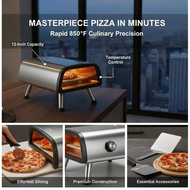 12" Electric Pizza Oven Countertop, Stainless Steel Pizza Maker Machine with Pizza Stone and Spatula, Heats up to 850°F.