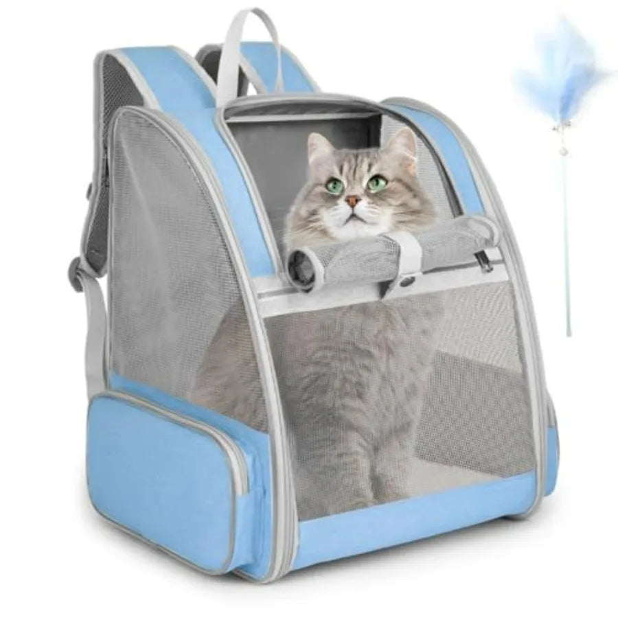 Cat Backpack Carrier, Large Pet Carrier Backpack with Kitten Wand Feather Toy