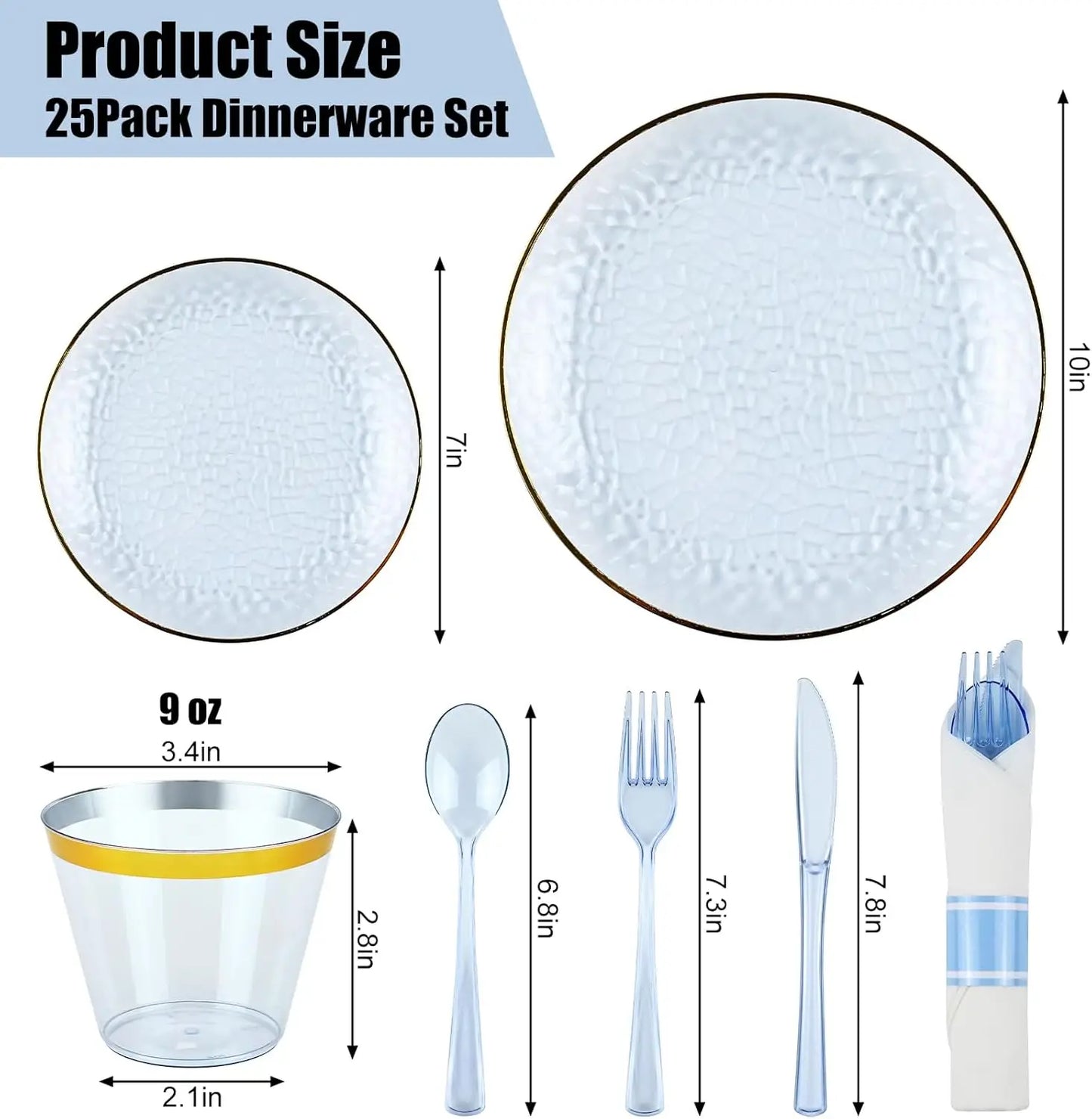 175PCS Gold and Blue Plastic Dinnerware Set – Clear Blue Disposable Plate with Gold Rim.