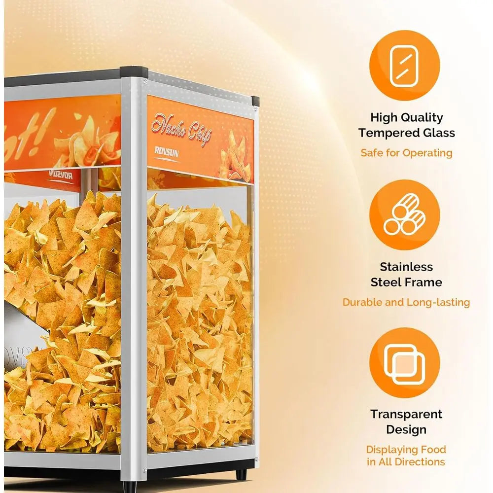 Nacho Chip Warmer, Nacho Machine Countertop Food Warmer Display Case with Warming Light, Glass Door, Scoop & Removable Deflectio