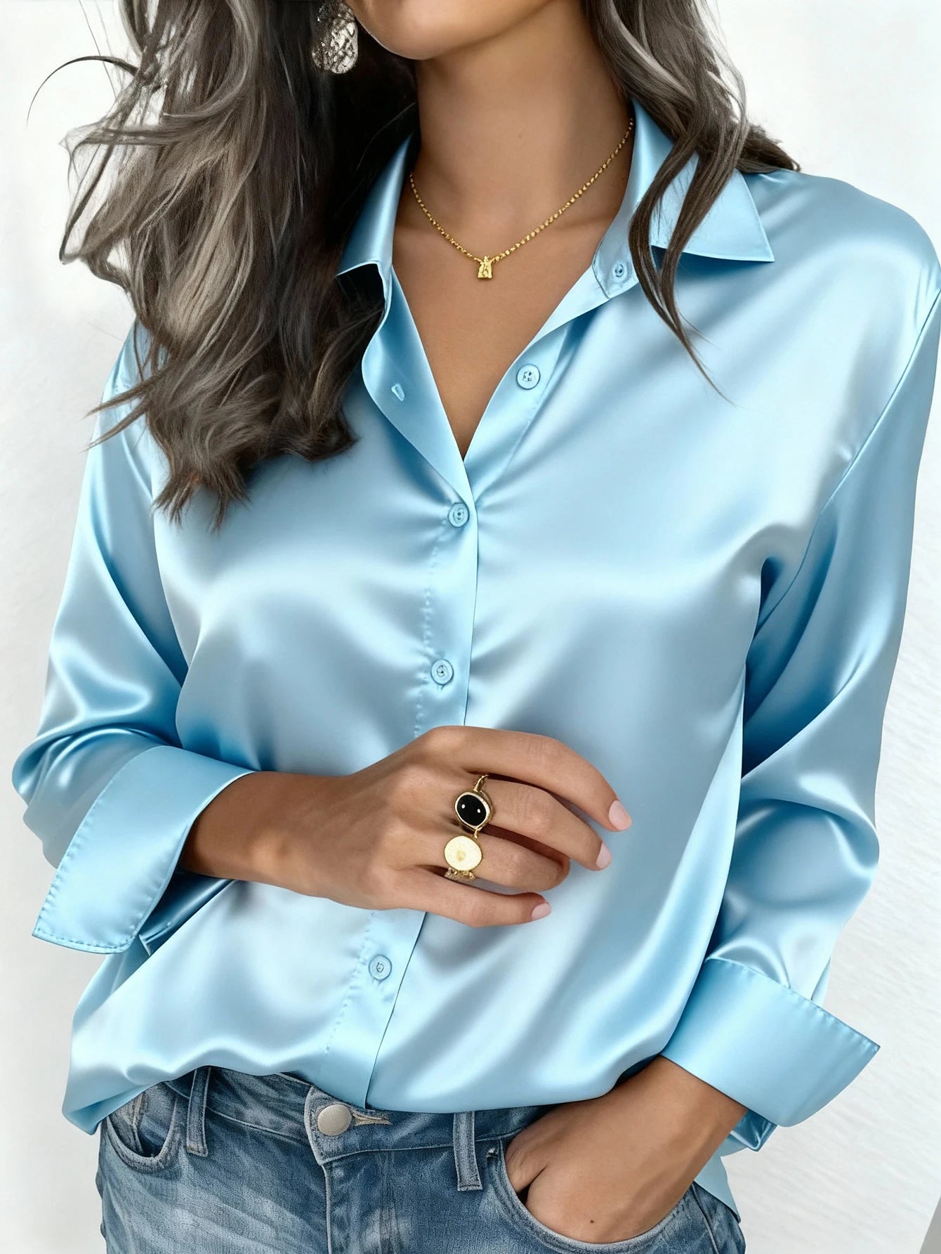 Women's Satin Button-Up Blouse, Apparel