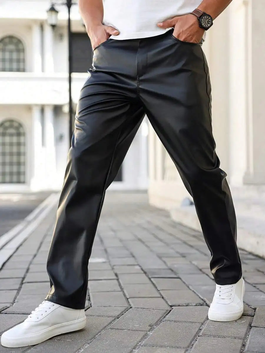 Manfinity Homme Men's Solid Front Button Pocket Casual Leather Pants,.