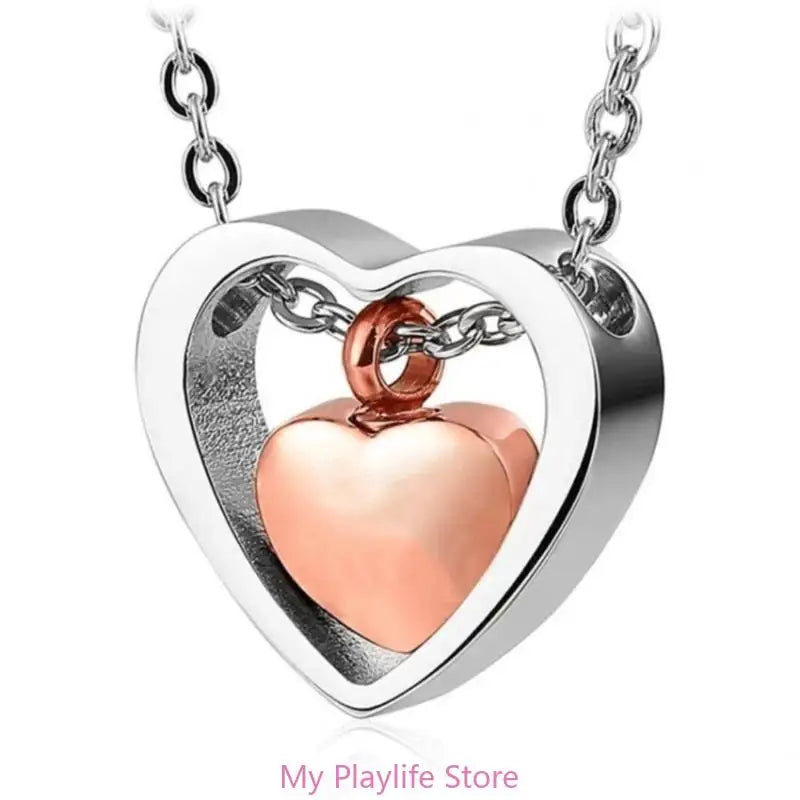 Stainless Steel Double Heart Cremation Urn Necklace Funnel Fill Memorial Ashes .