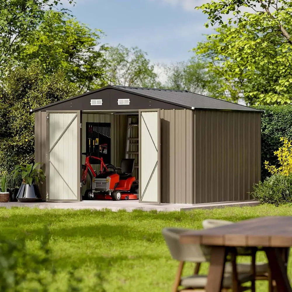 10x8ft Outdoor Storage Shed - Large Metal with Sloping Roof and Double Lockable Doors,