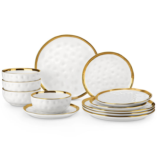 12/24 Piece Ceramic Porcelain White and Golden Rim Dinnerware Sets