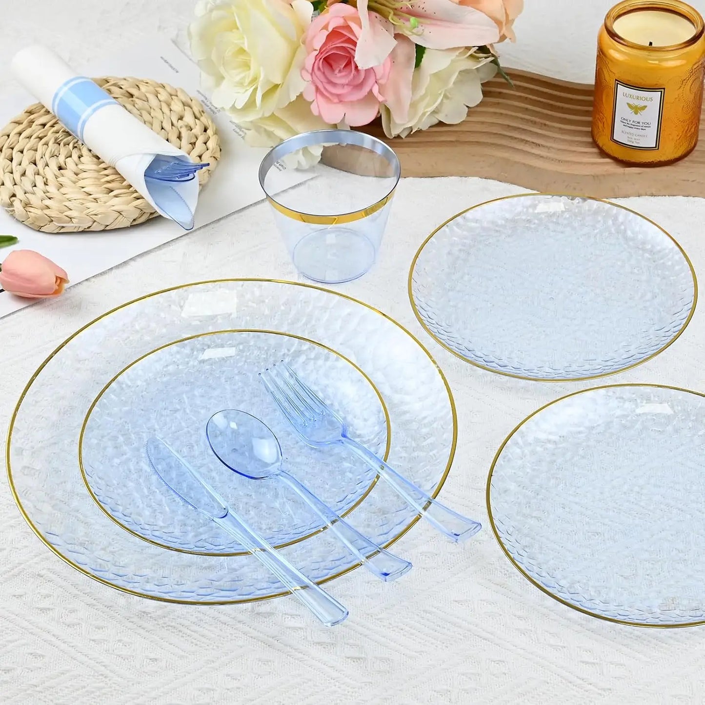 175PCS Gold and Blue Plastic Dinnerware Set – Clear Blue Disposable Plate with Gold Rim.