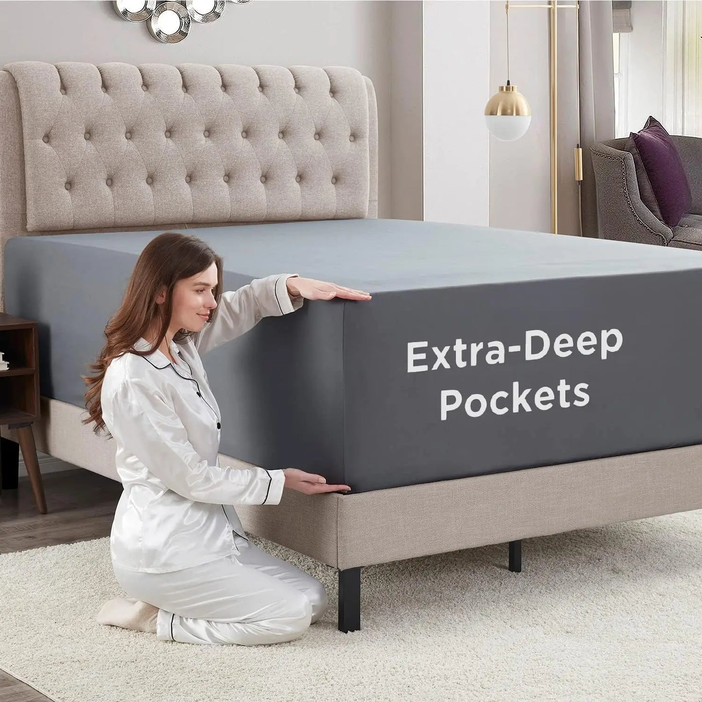Extra Deep Pocket Queen Fitted Sheet, Fits 18-24 Inch Mattress, Wrinkle-Free with Corner Straps