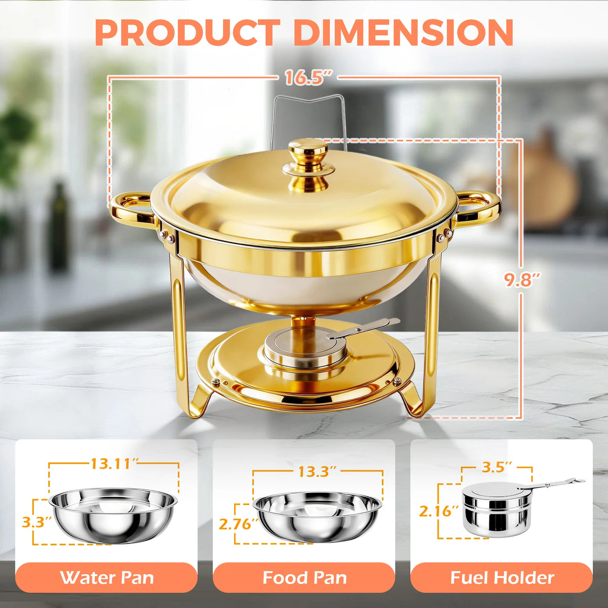 2/4/6 Pack Chafing Dish Buffet Set 5QT Round Gold-Plated Stainless Steel 316 with Glass Lids – .