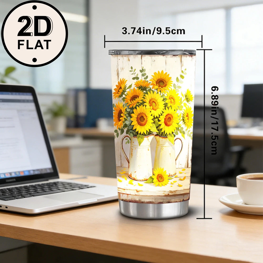 20oz Farmhouse Sunflower Pitcher Printed Stainless Steel Tumbler with Lid and Straw, Rustic White Wood Yellow Floral Bouquet Country Cottage .