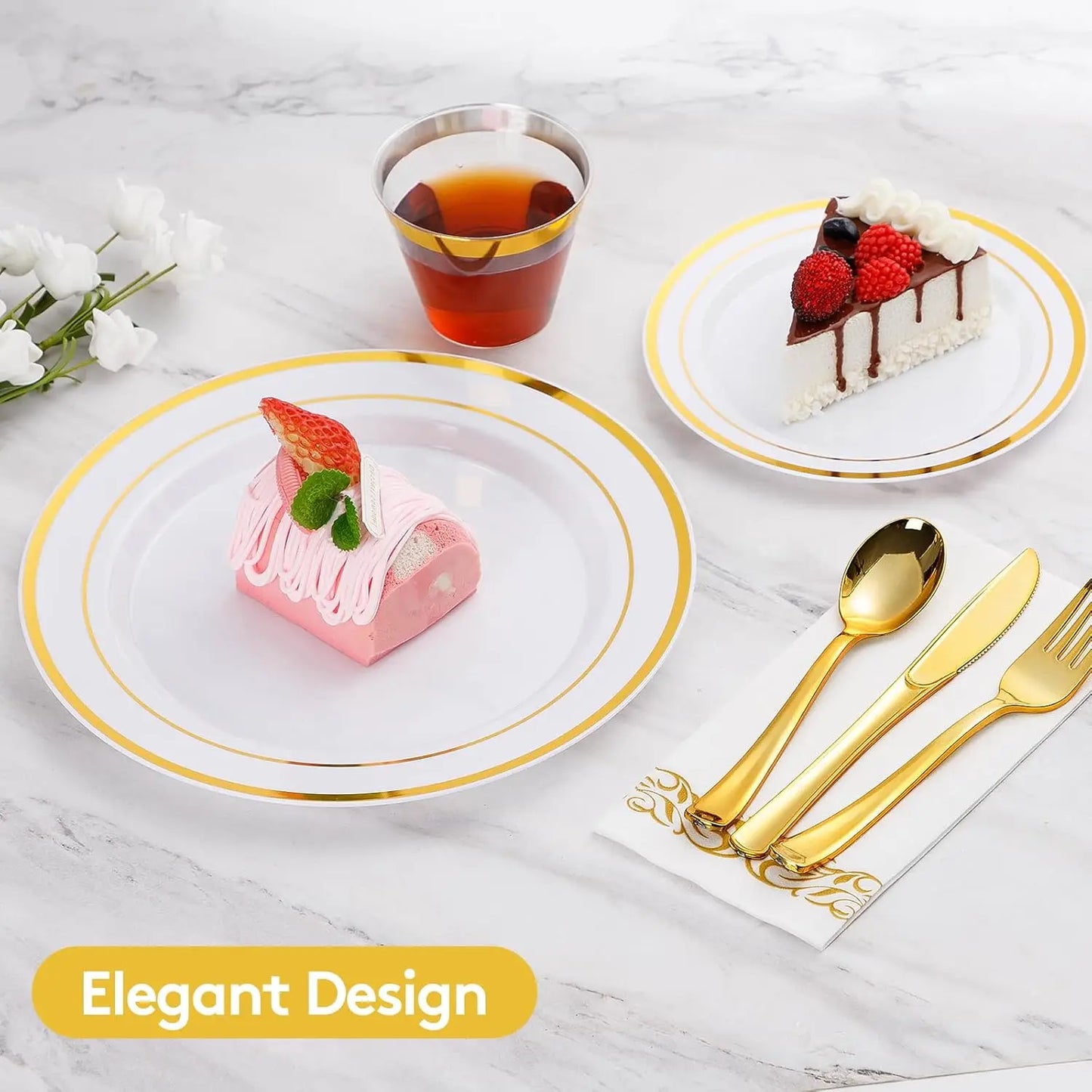 700 Pieces Gold Dinnerware Set for 100 Guests. Include: 100 Gold Rim Dinner Plates, 100 Dessert Plates, 10