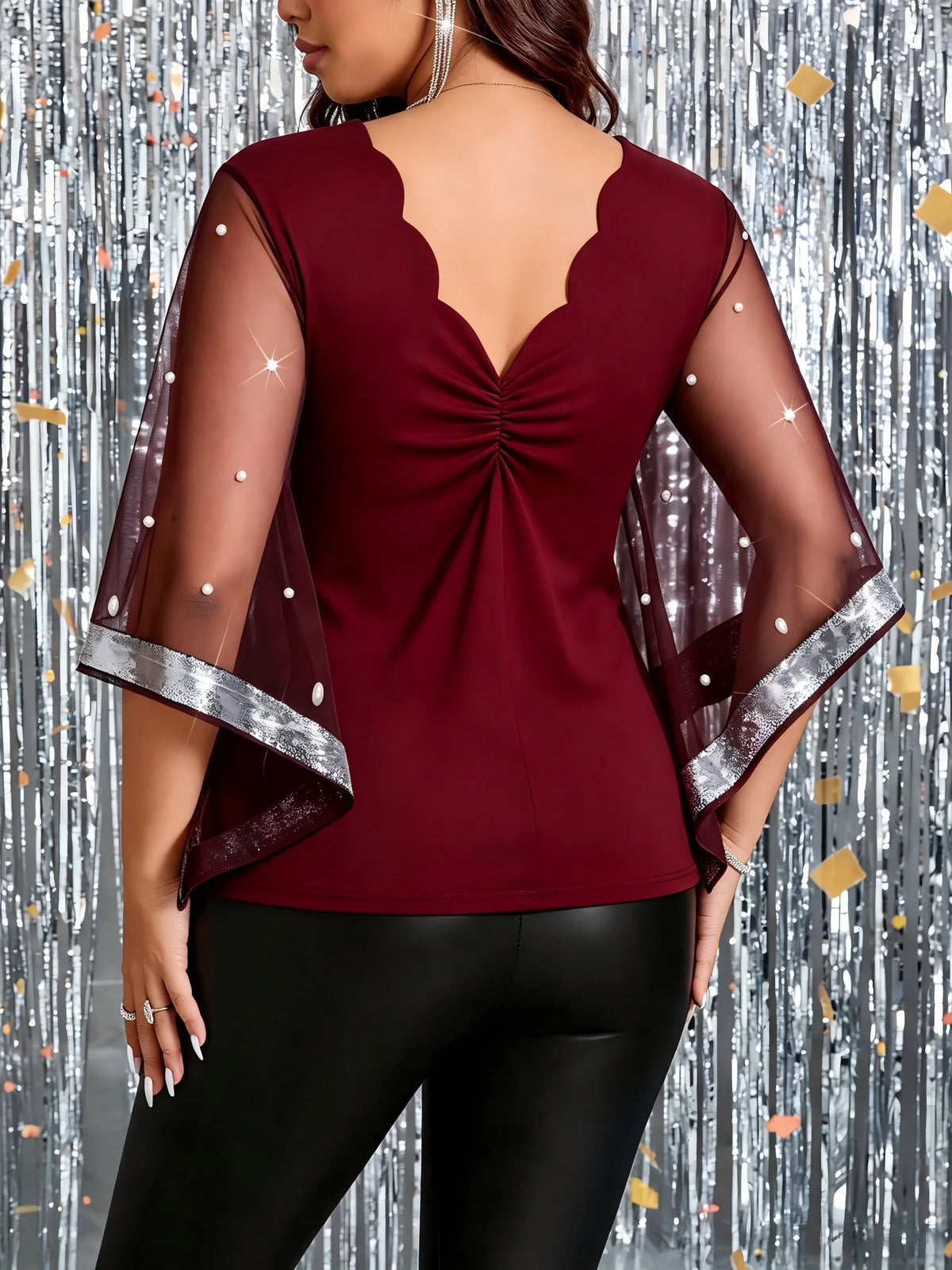 Plus Size Women Party Blouse Scallop V‑Neck Mesh Bell Sleeve Pearl Beaded Glitter Trim Burgundy.