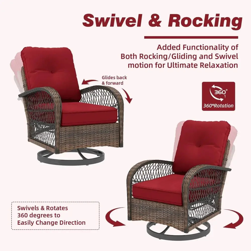 3-Piece Outdoor Swivel Rocker Set with Wicker Bistro Chairs, Cushions, and Glass Coffee Table in Wine Red .
