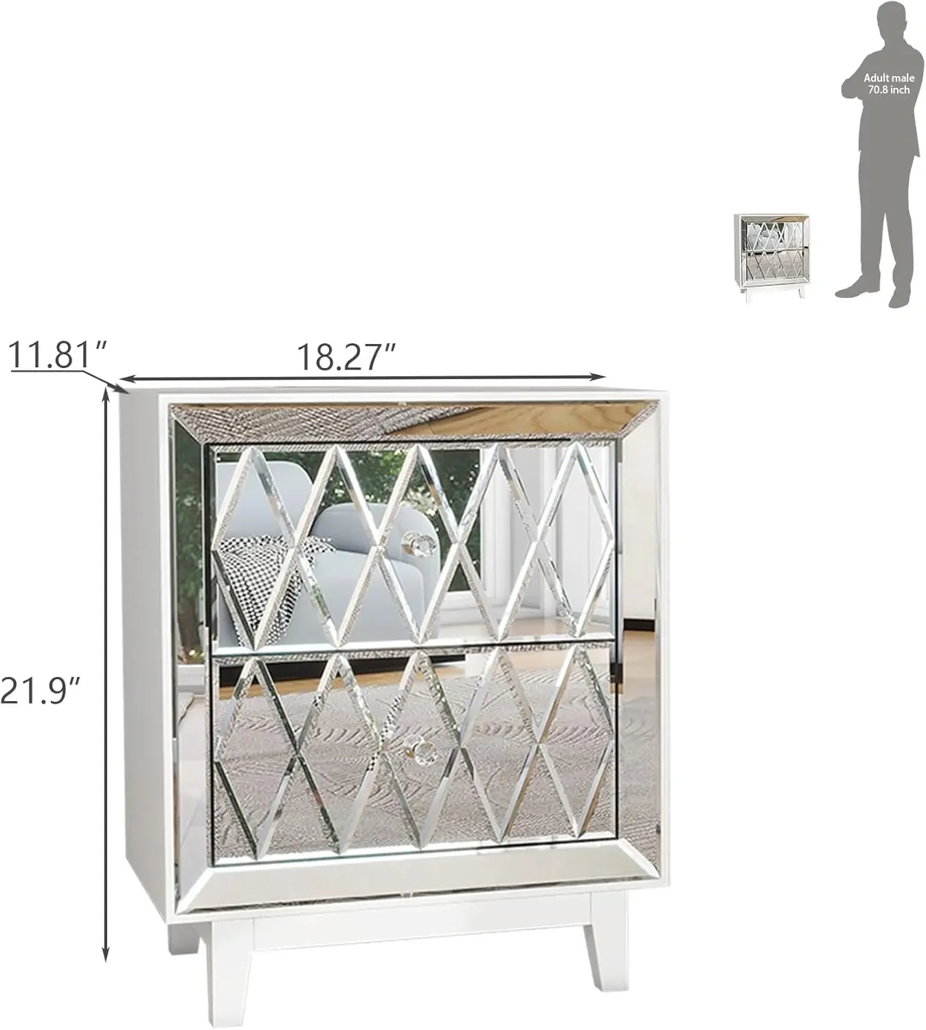 12x18x22" Nightstand Mirrored, White Night Stand with 2 Drawers,