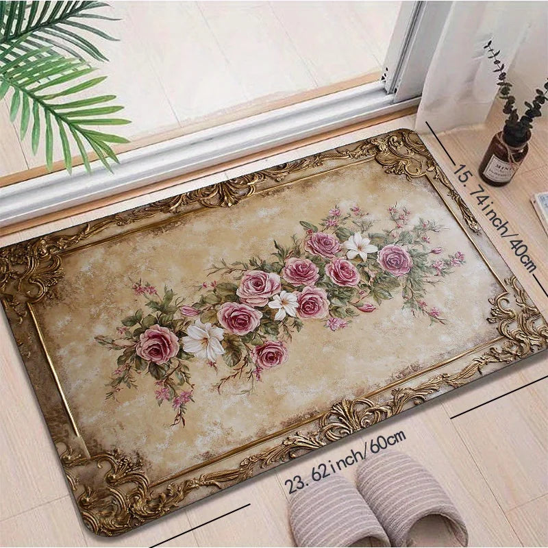 Vintage Floral Flannel Washable Non Slip Door Mat