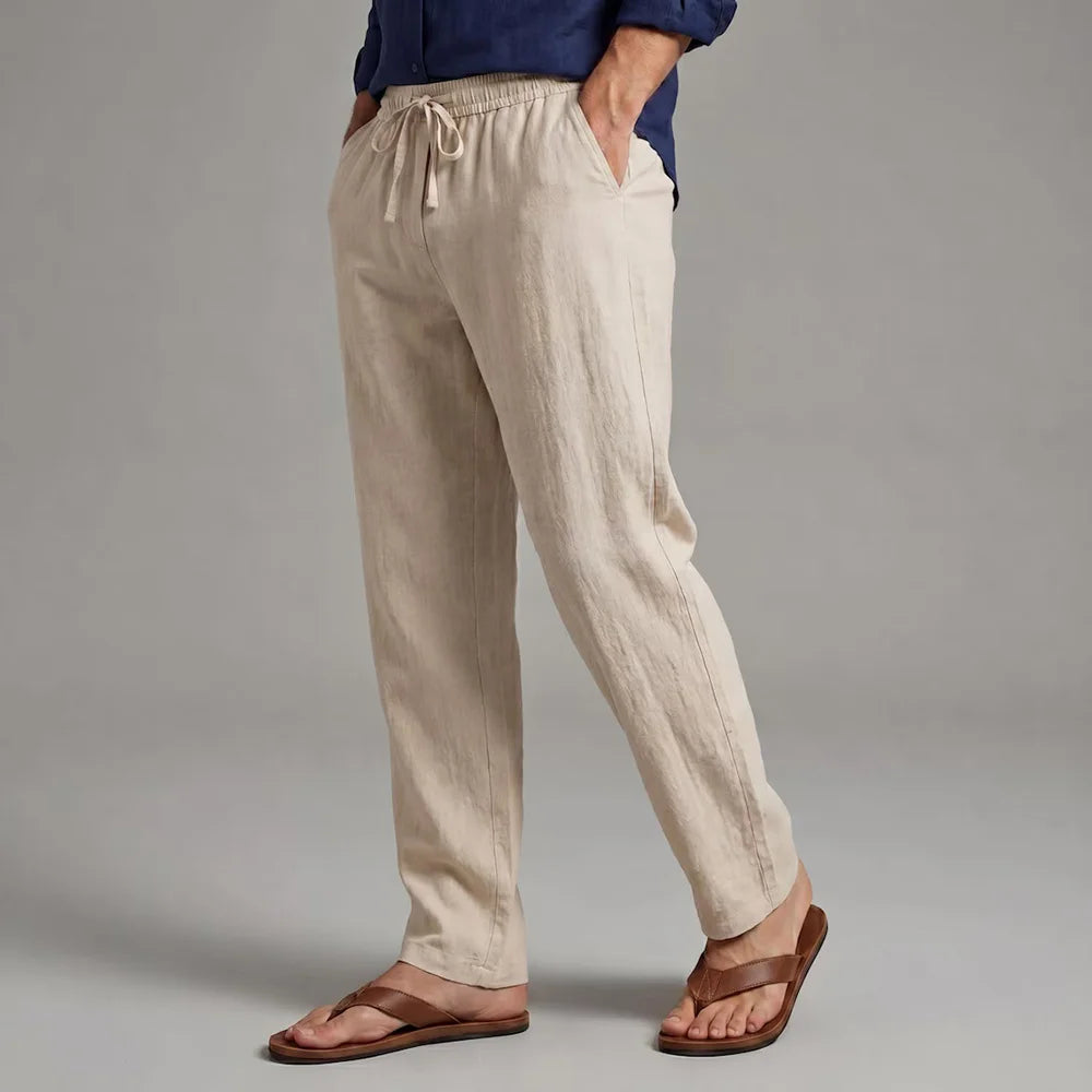 Men's Casual Business Pants Cotton Linen Straight Leg Solid Color Lightweight.
