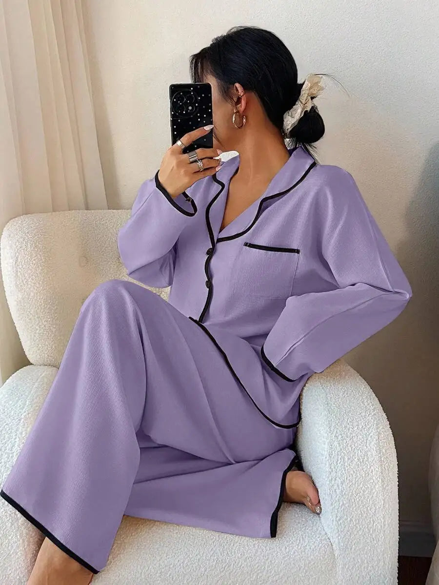 Womens Contrast Trim Lapel Loose Long Sleeve Pajama Set Light Green