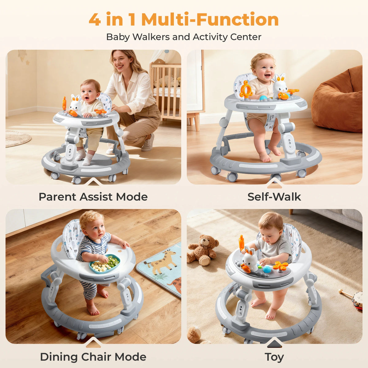 Safety-Enhanced 4-In-1 Grow-With-Me Baby Walker & Play Center - Adjustable 8 Heights, Anti-Tip Base,.