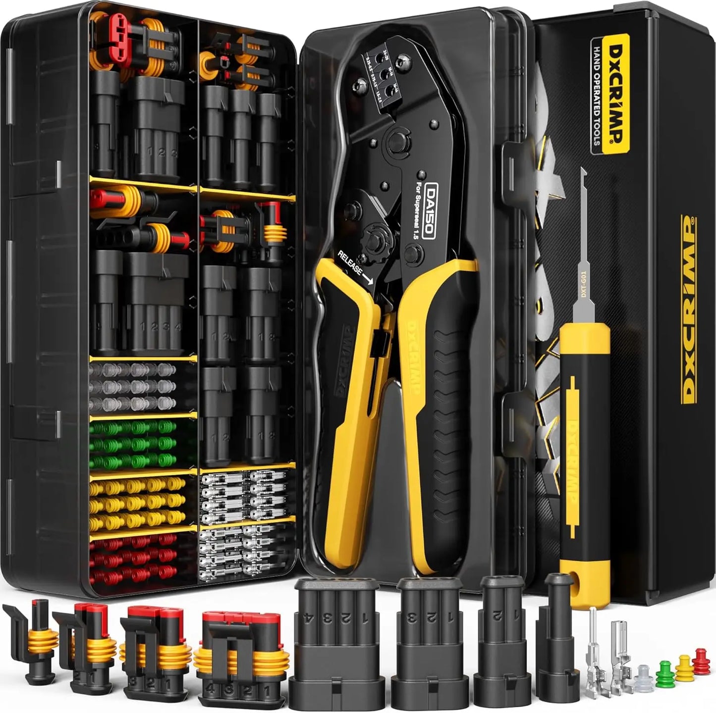 Waterproof Automotive Electrical Connectors Crimping Tool Kit, 1/2/3/4 Pin Plugs, Ratchet Crimper for 24-14 AWG, Removal Tools