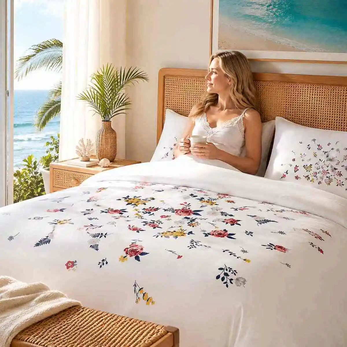 2/3Pcs Floral Cluster Printed Duvet Cover Set, White Base Vintage Botanical Flower Bedding Set, .