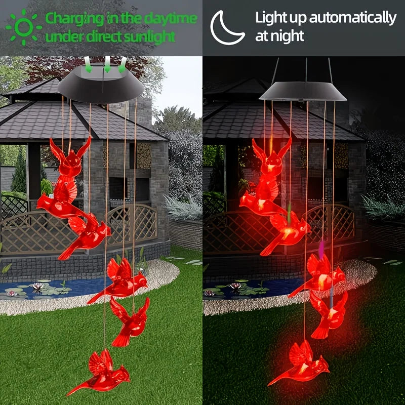 Solar-Powered Flaming Bird Wind Chime Lights for Outdoor Use, Featuring Waterproof Design And Vibrant Colors.