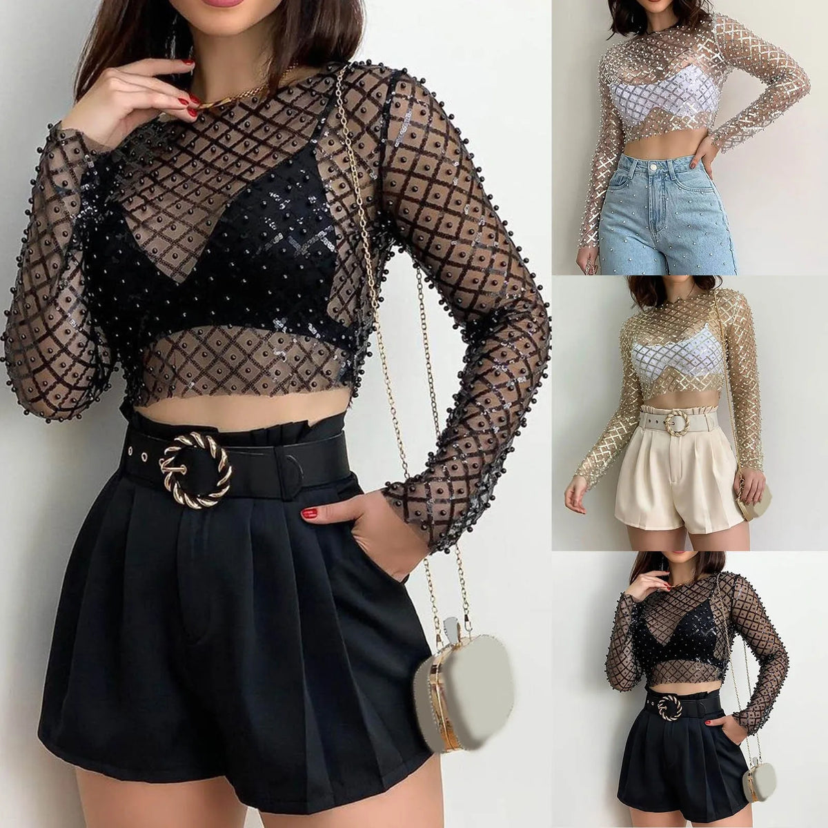 Sequin Mesh Cold Shoulder Blouse Tops Splice T-Shirt Long Sleeves Loose Women Shirts.
