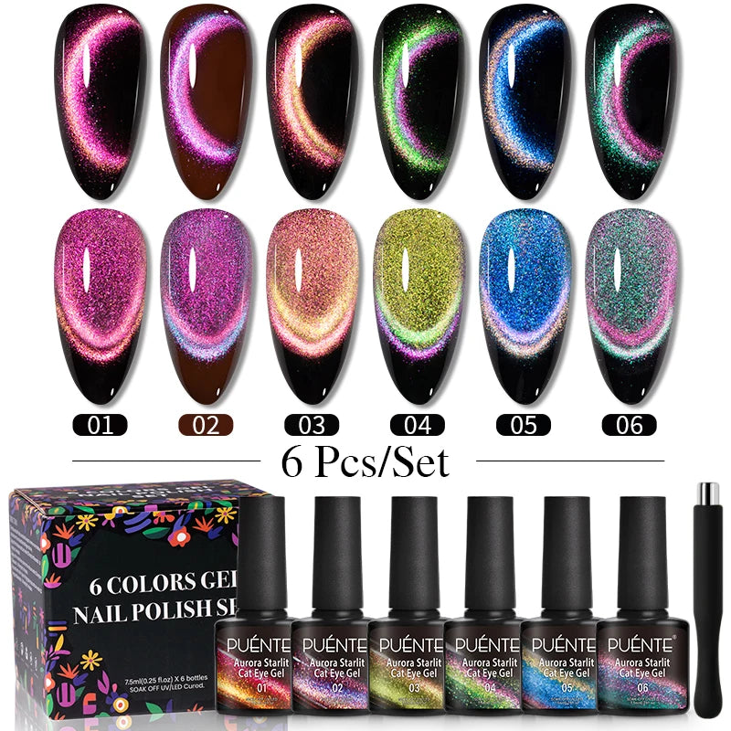 6pcs Magnetic Cat Eye Gel Polish Set, Aurora Glitter Rainbow Colors,.