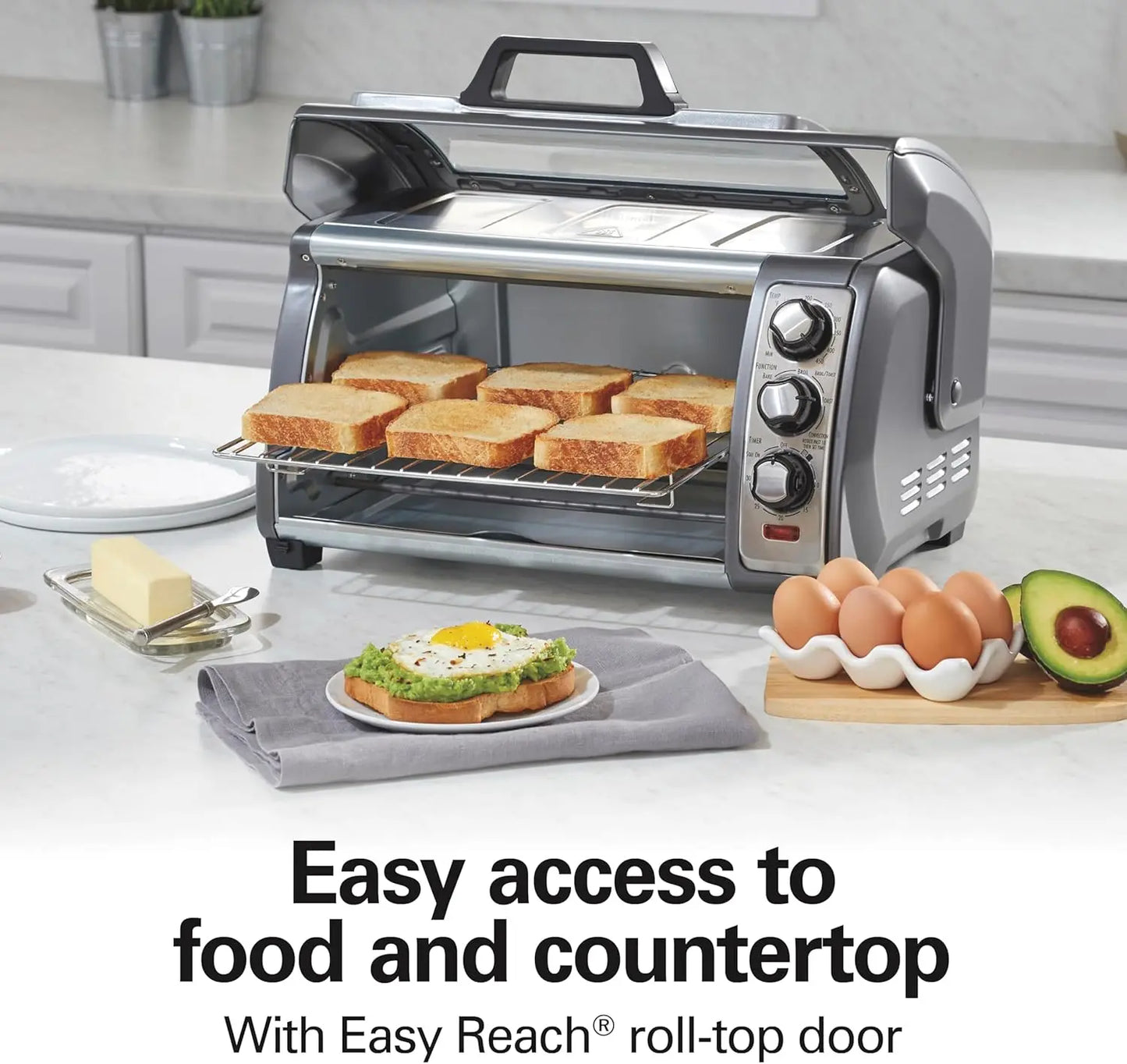 6 Slice Convection Toaster Oven With Easy Reach Roll-Top Door., Auto Shutoff, Silver.