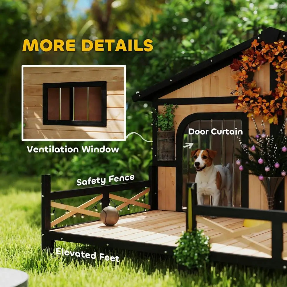 Elevated Wooden Outdoor Dog Kennel with Porch, Removable Bottom,.