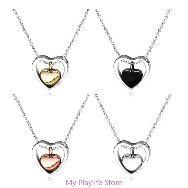 Stainless Steel Double Heart Cremation Urn Necklace Funnel Fill Memorial Ashes .