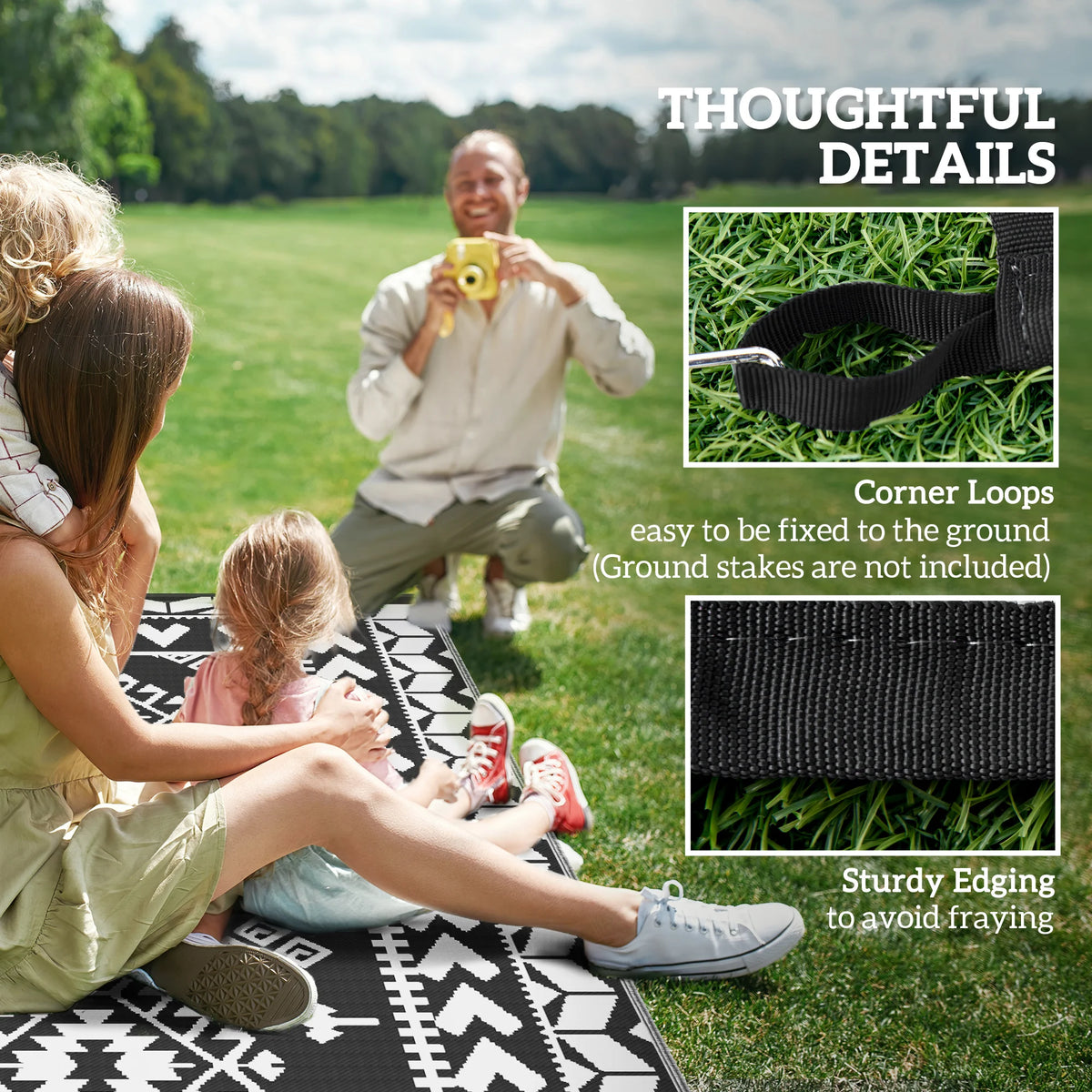 Outdoor Rug, 8' x 10' Floor Mat, Black White Rhombus Patchwork