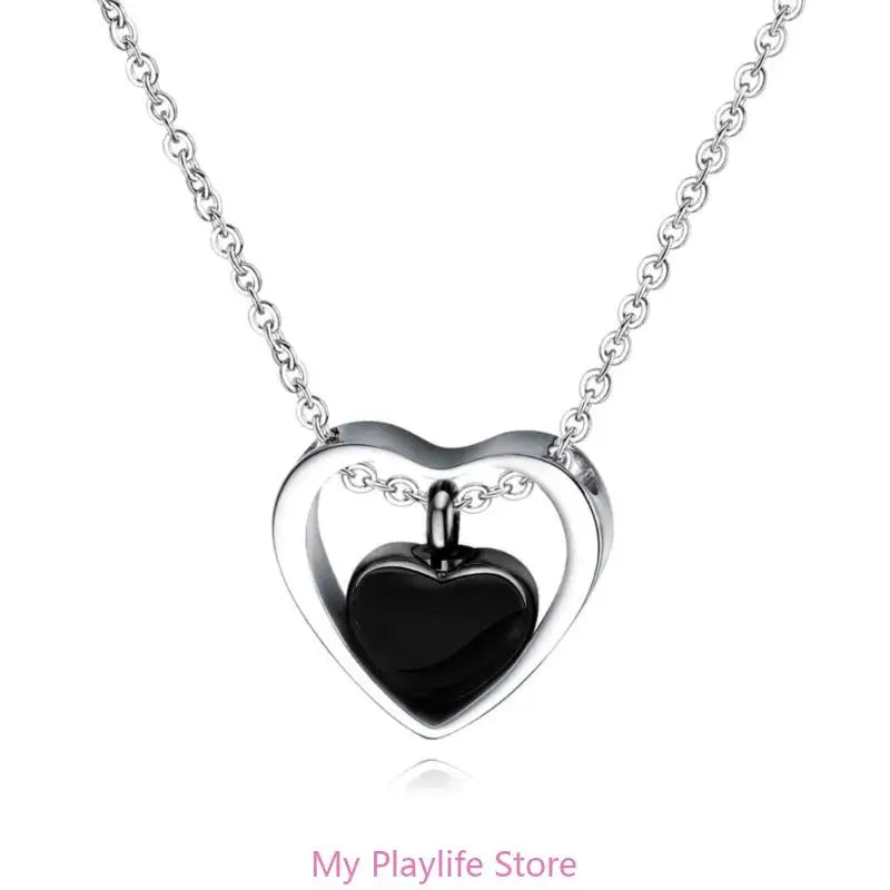 Stainless Steel Double Heart Cremation Urn Necklace Funnel Fill Memorial Ashes .