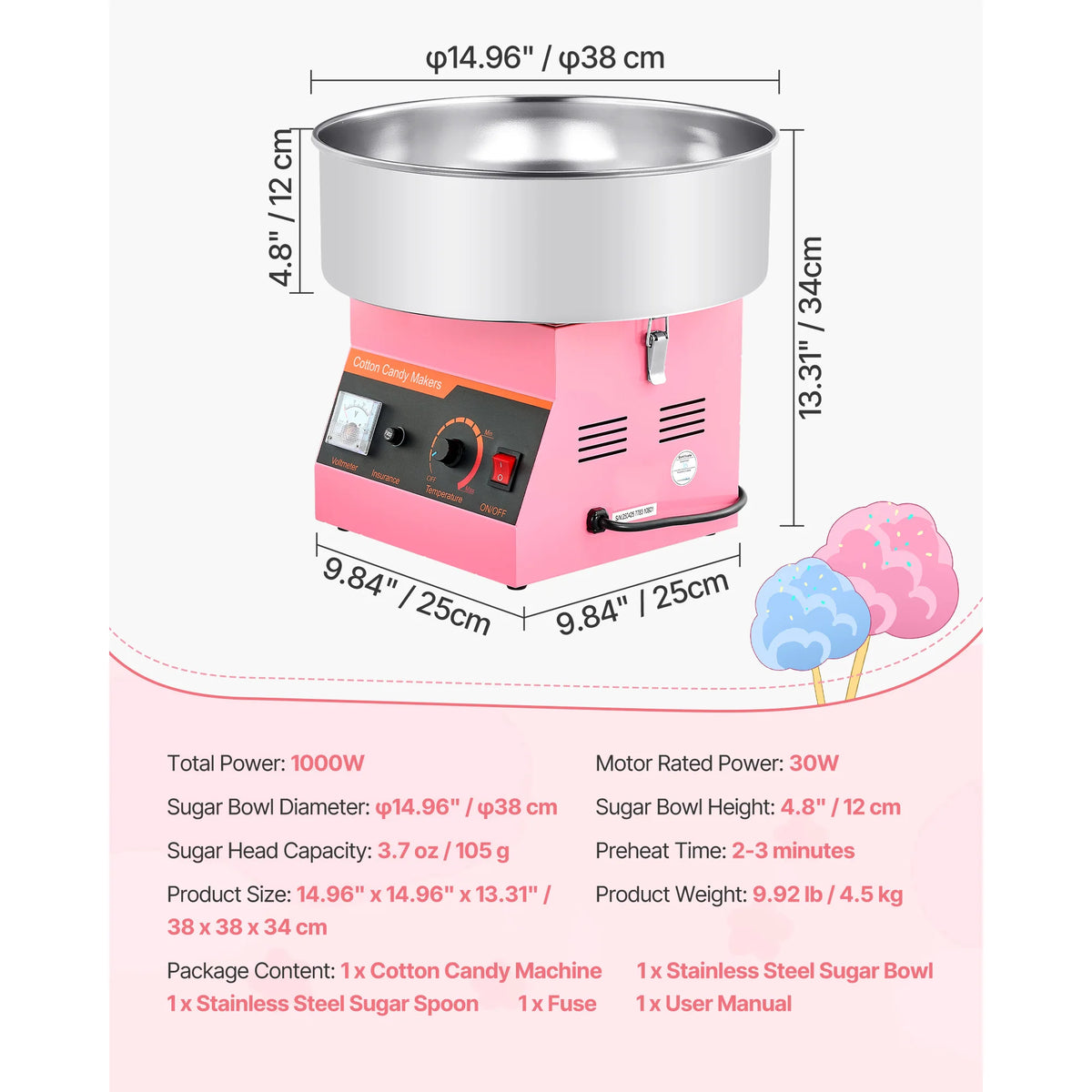 SucceBuy Cotton Candy Machine Commercial, 1000W Electric Candy Floss Maker Sugar Machine with 15 inch Stainless Steel Bowl