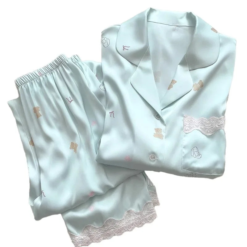 Bear Print Pajamas Women Cool Ice Silk Short Sleeve Pants