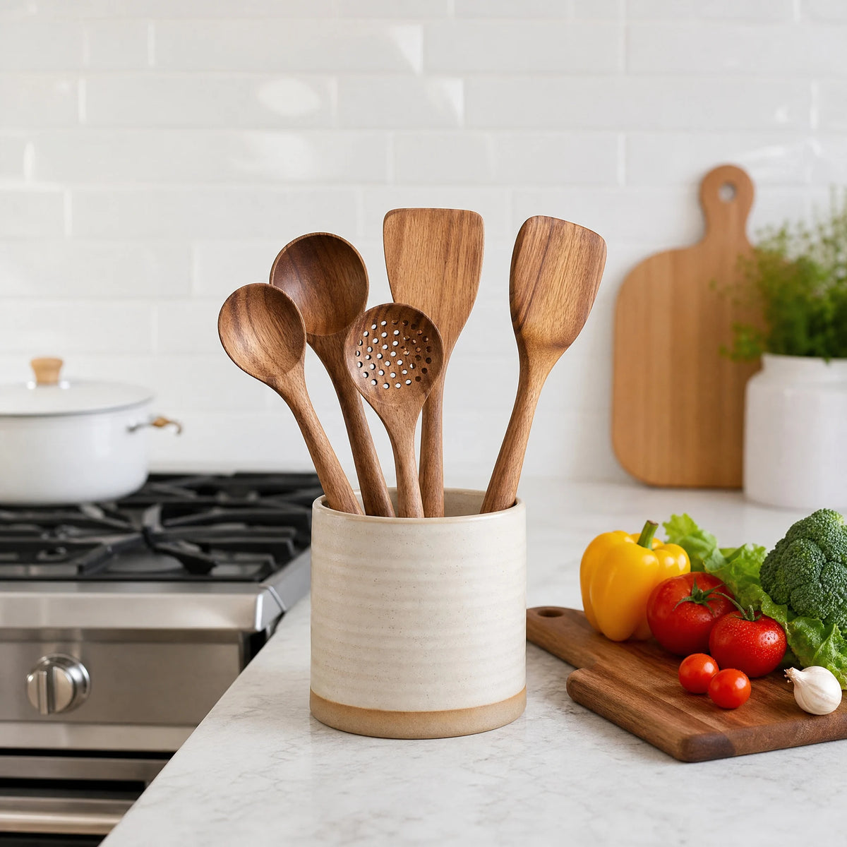 5-Piece Wooden Kitchen Utensils Set, Natural Wood Cooking Spoons and Spatulas, Heat Resistant Non-Stick Cookware .