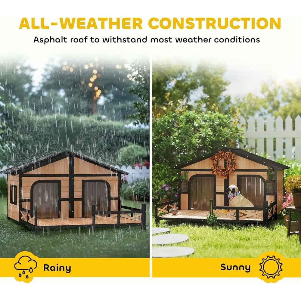 Elevated Wooden Outdoor Dog Kennel with Porch, Removable Bottom,.