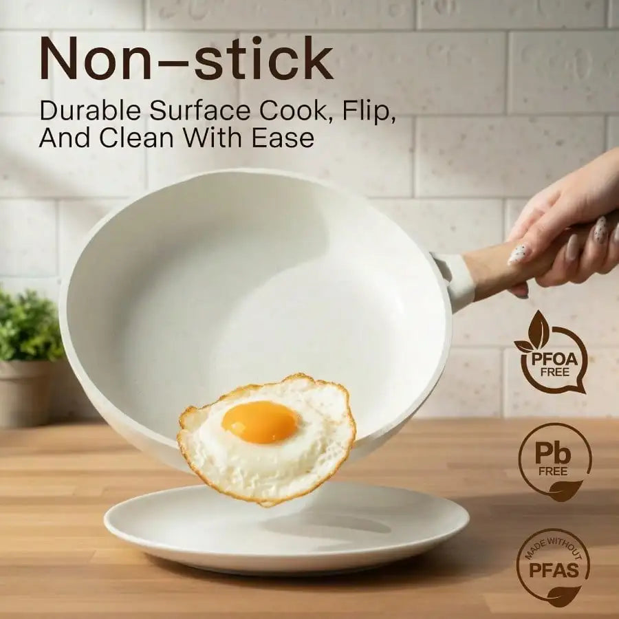 Pots And Pans Set Non Stick 22 Pcs Ceramic Cookware Sets Nonstick . With Lid Cream White Granite Induction Compatible .