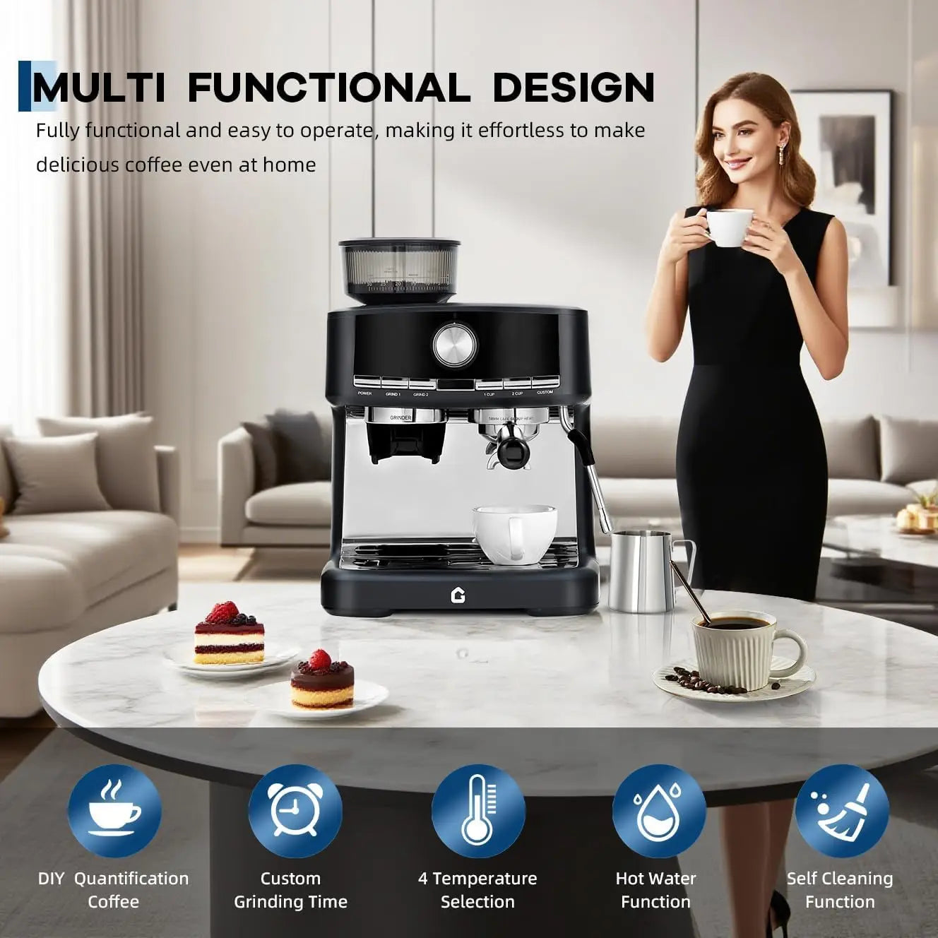 Espresso Machine with Grinder, . for Cappuccino and Latte