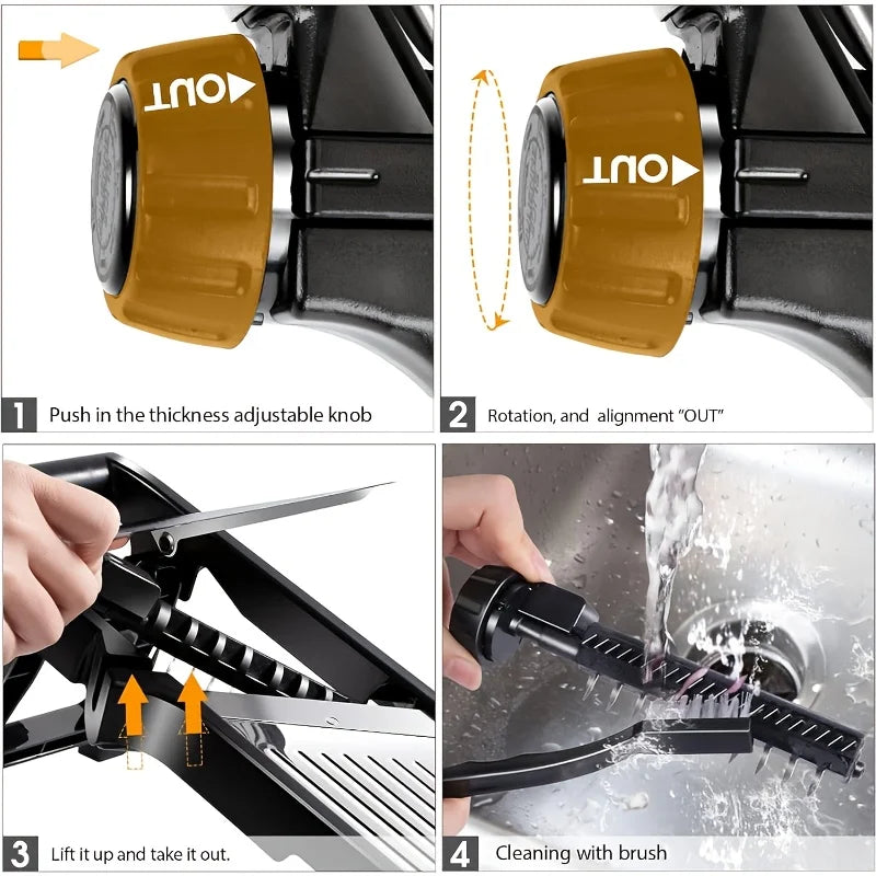 Stainless Steel Mandolin Slicer with 5 Blades & Holder - Safe Hand Guard.