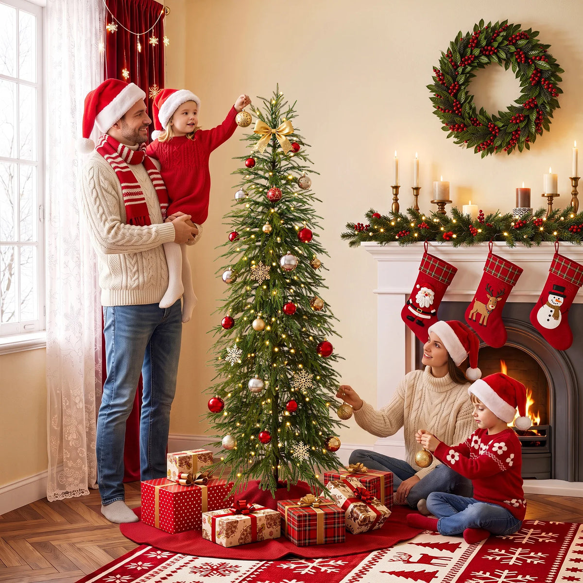 Artificial Pencil Christmas Tree, PE Realistic 6ft/7ft Prelit/.with Metal Stand, Holiday .